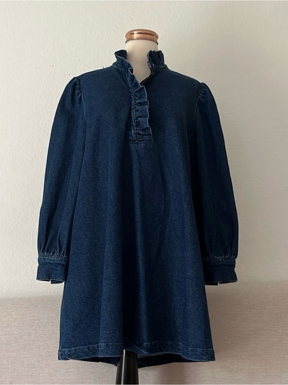 Clare V. Denim Jean Ruffle Mini Long Sleeve Shirt Dress in a dark blue wash